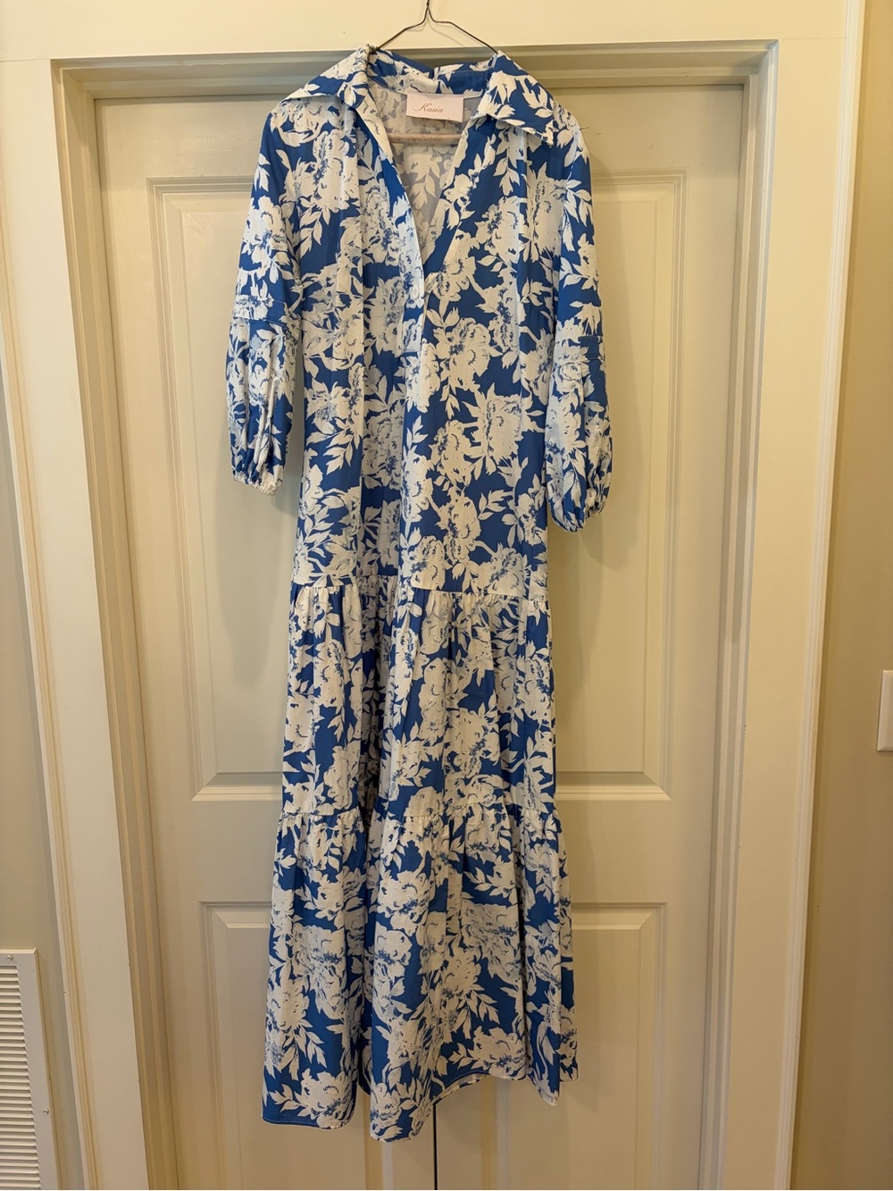 Kasia Drop Waist Blue and White Floral Tiered Maxi Dress